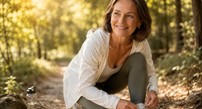 Woman in sportswear tying her shoe on a forest trail